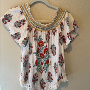 Coco & Jameson S Boho Floral OffShoulder Top Embroidered Fringe Hem Cottagecore